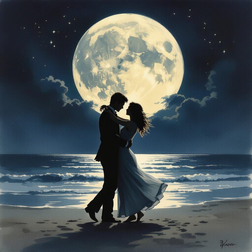 Romantic Couple Dancing Silhouetted by Moonlight