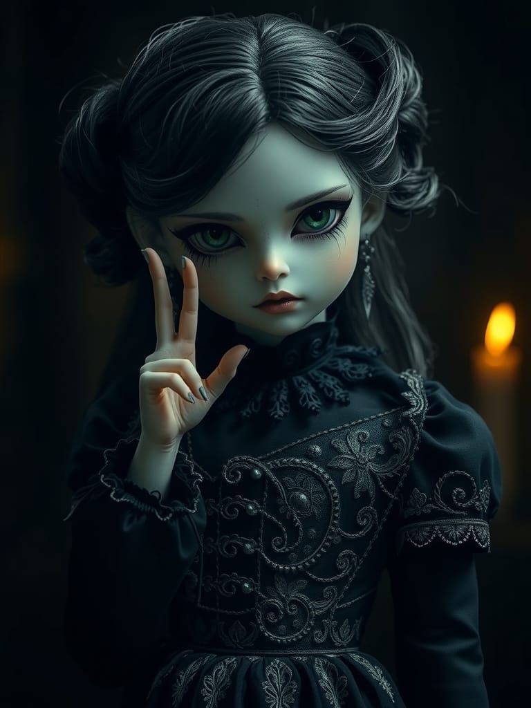 Dark Gothic Doll Commands Silence in Hyperrealistic Style