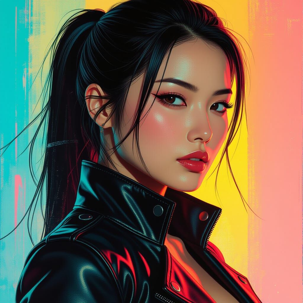 Japanese Woman in Leather: Hyperrealistic Splash Art