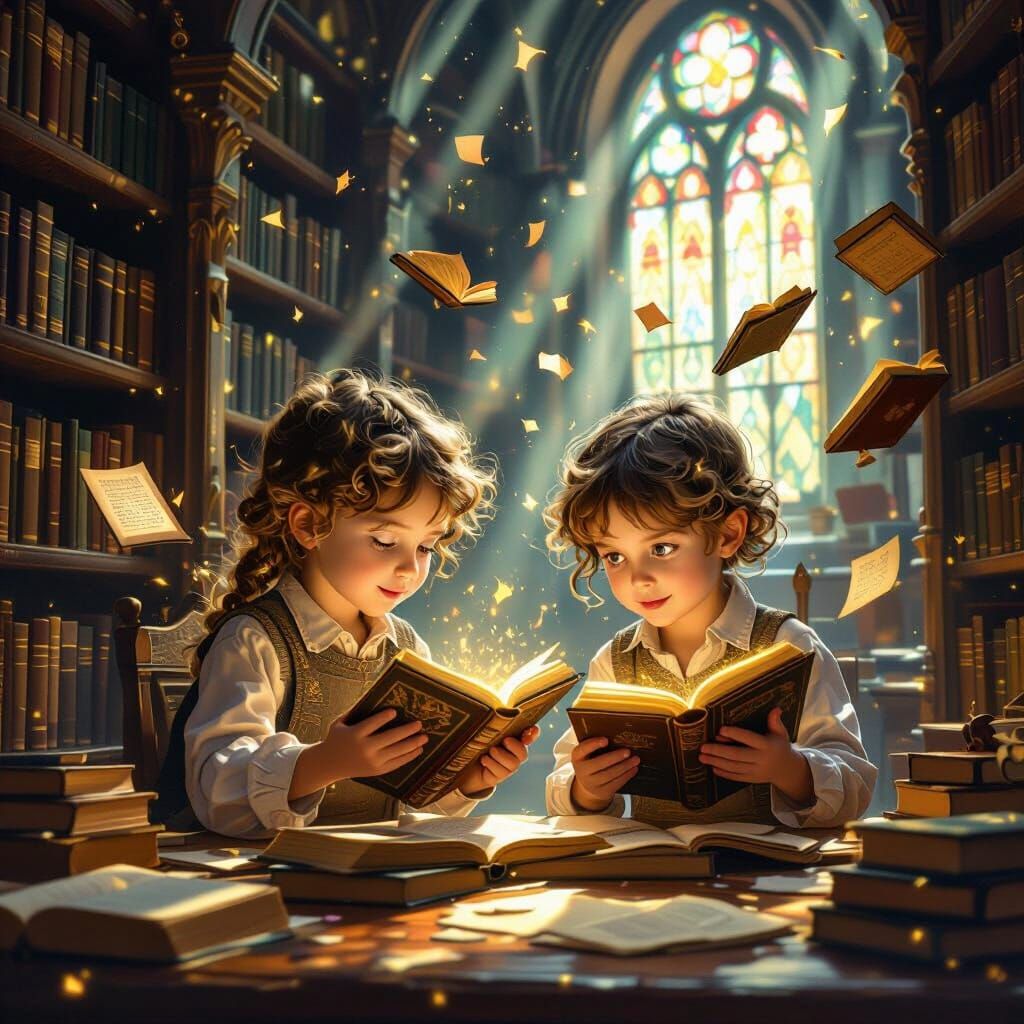 Children Tidying Magical Books in Ancient Library