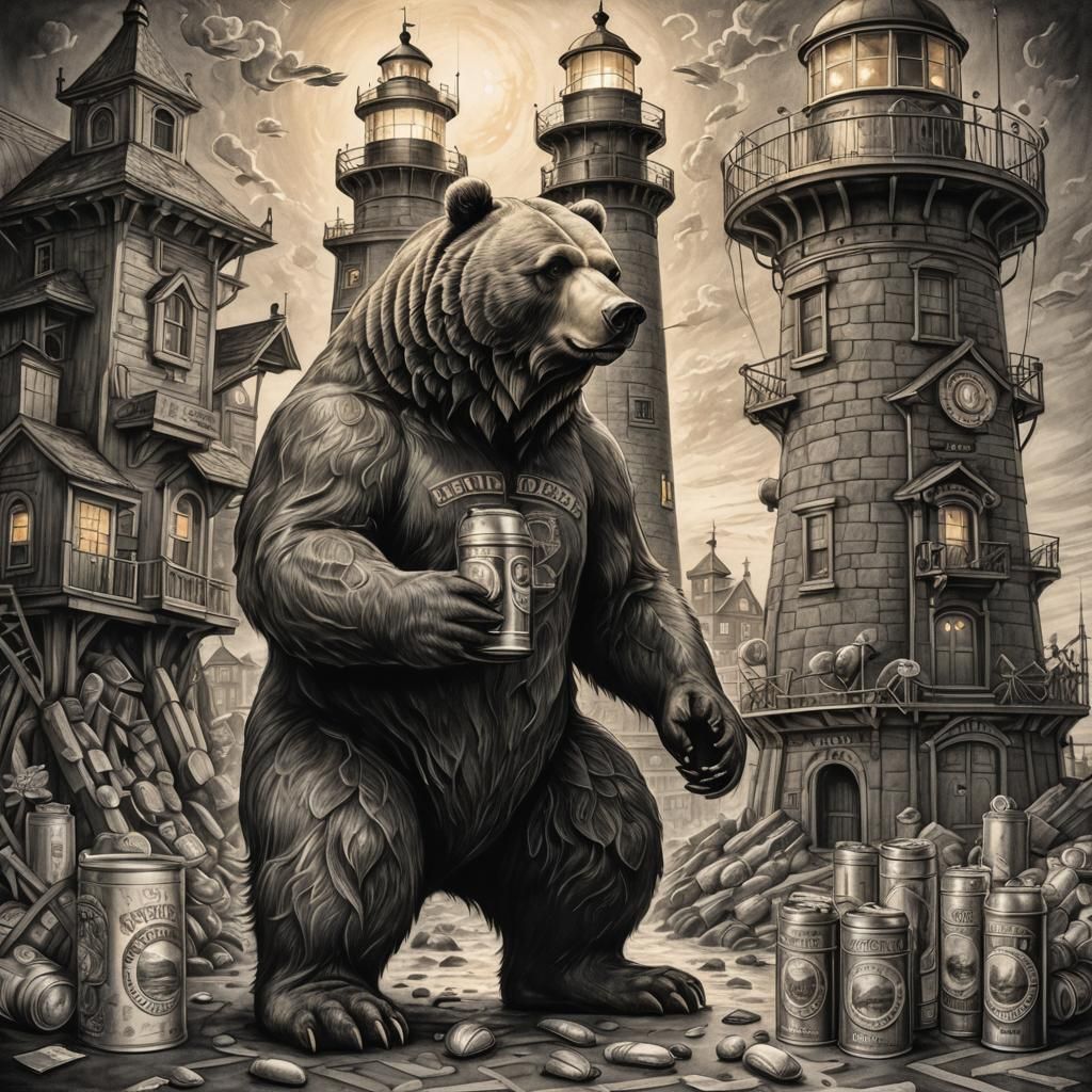 Gentle Bear Guardian of a Whimsical Lighthouse Scene