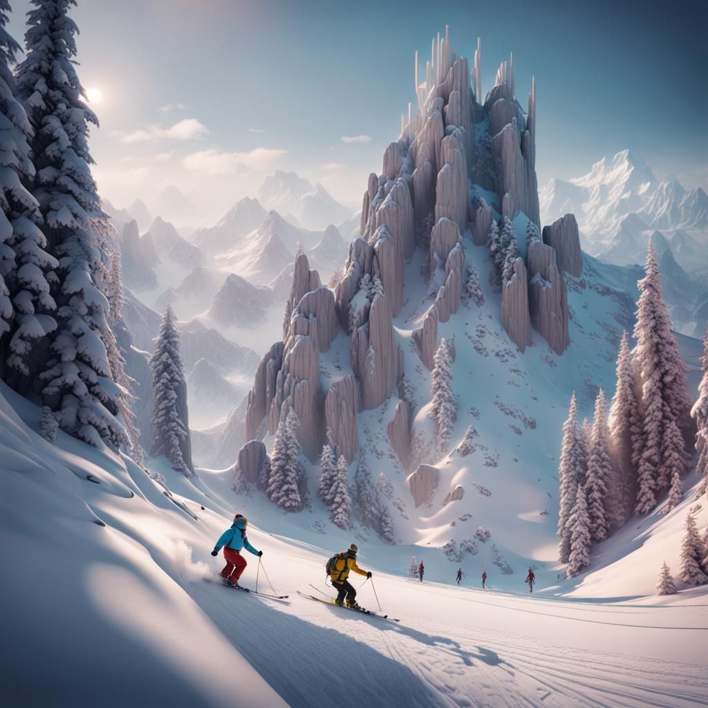 Surreal Skiing Scene in Deep Fantasy World