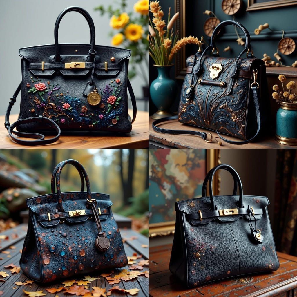 Luxurious Dark Leather Birkin Bag in Vintage Watercolor Styl...