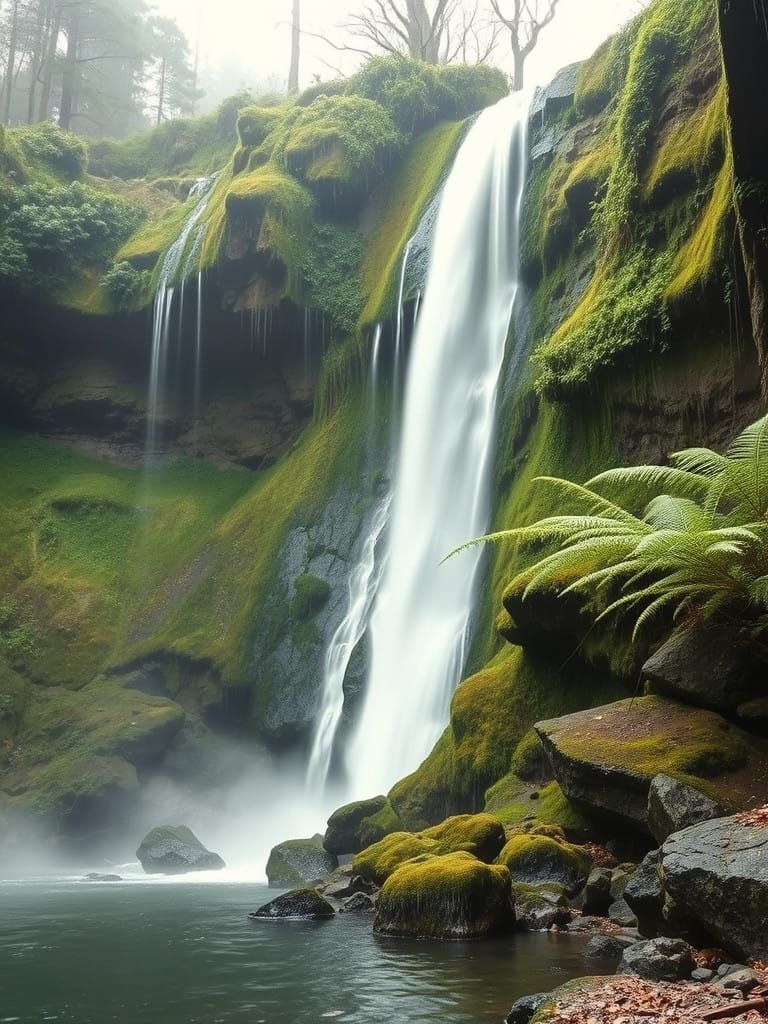 Serene Japanese Waterfall in a Tranquil Landscape
