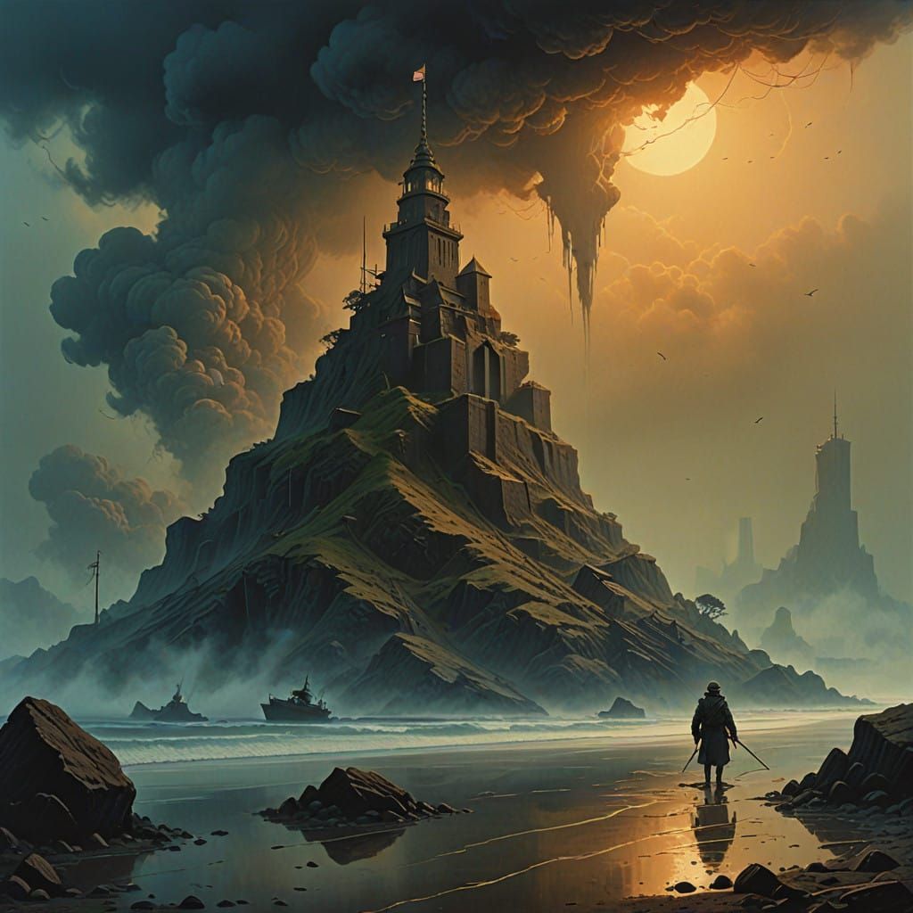 Ethereal Bronze Figures Rise from Clouds in Dreamlike Surrea...