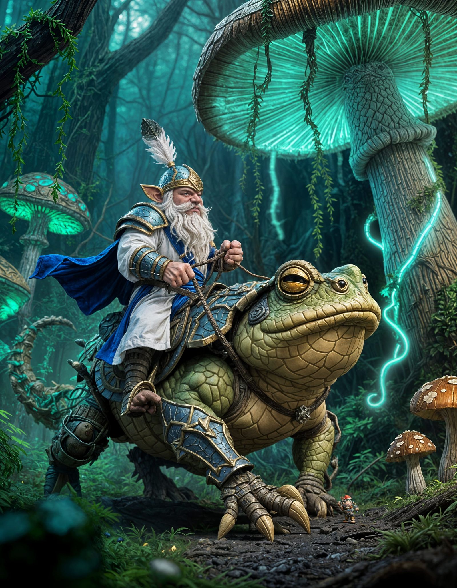 Gnome Rider on Armored Toad-Dragon in Mushroom Forest