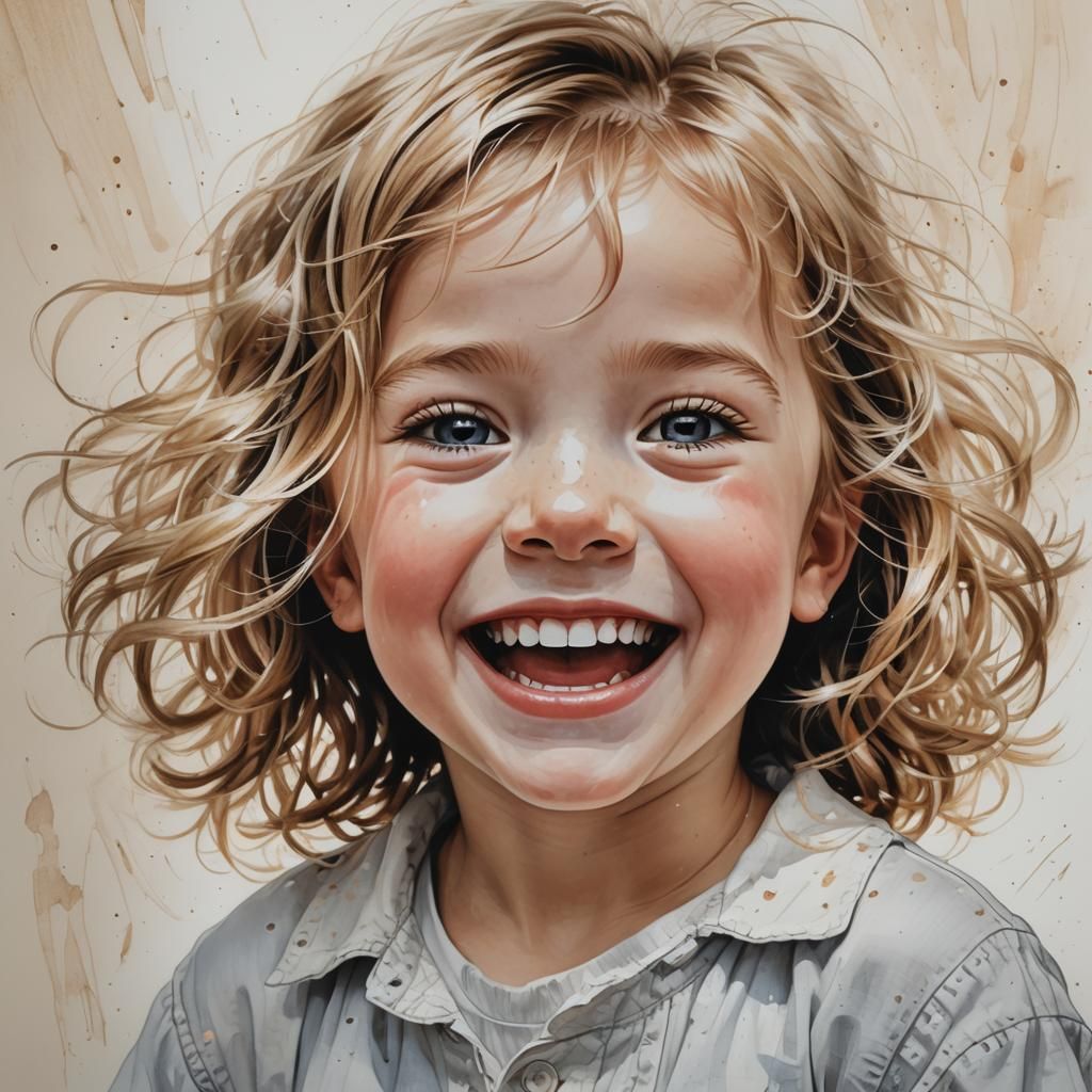 Serene Garden Scene with Laughing Child in Soft Pastel Colou...