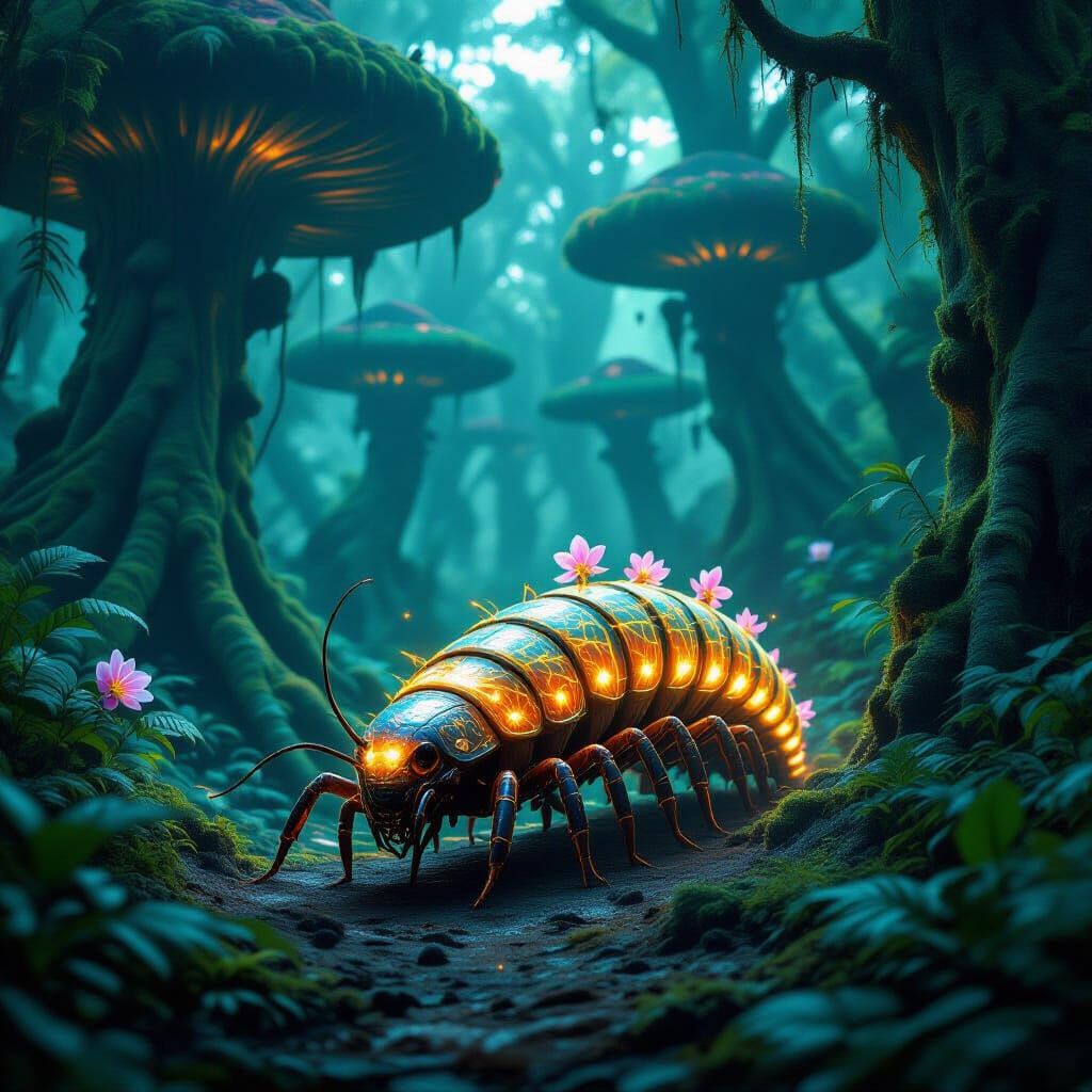 Bioluminescent Centipede in Biomechanical Alien Jungle
