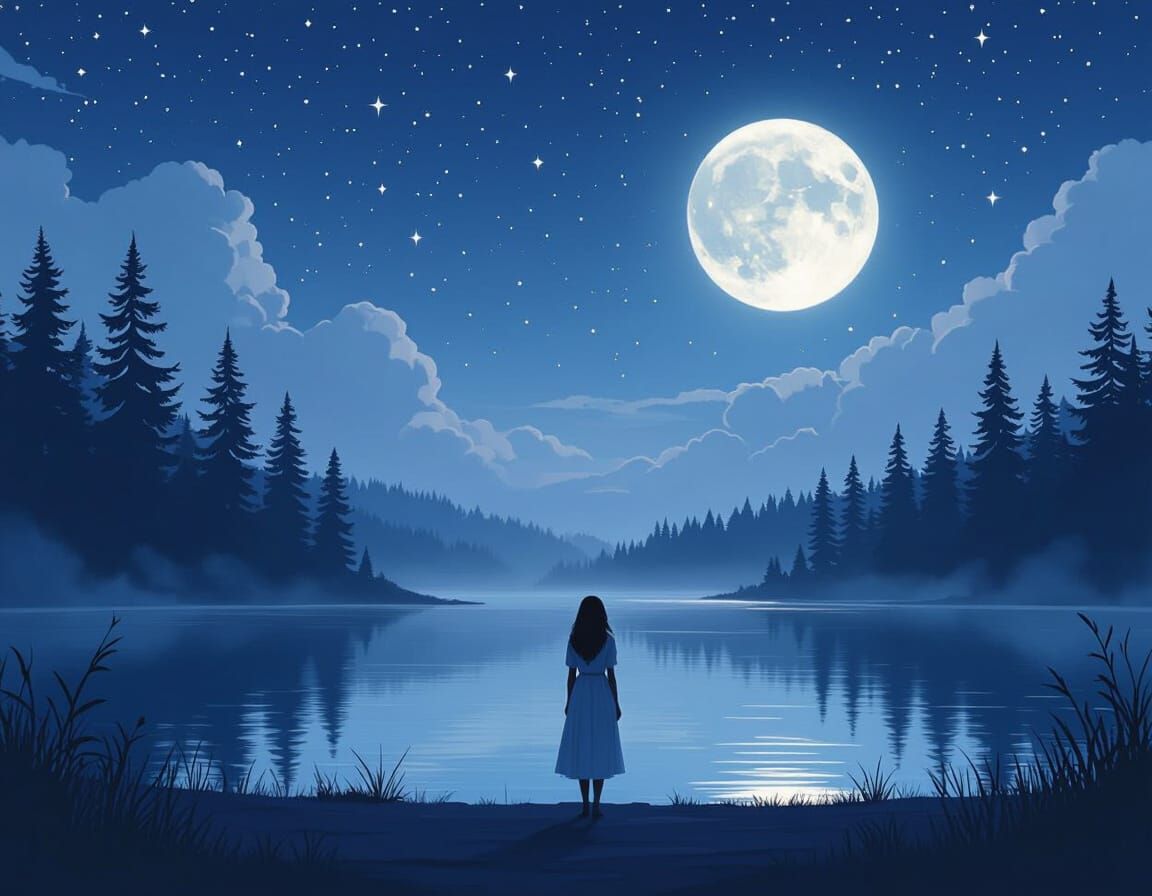 Woman Gazing at Moonlit Lake in Dreamy Realism