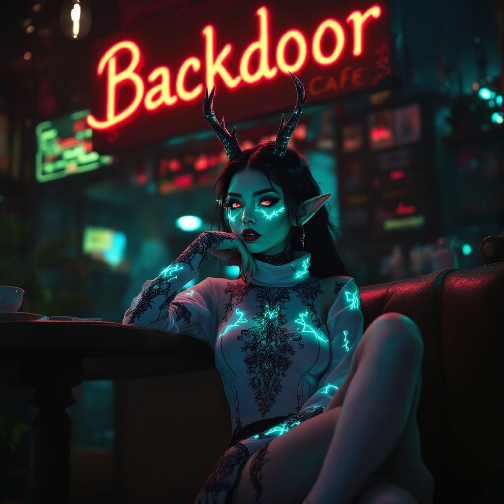 Seductive Gothic Elf in Mystical Cafe Setting