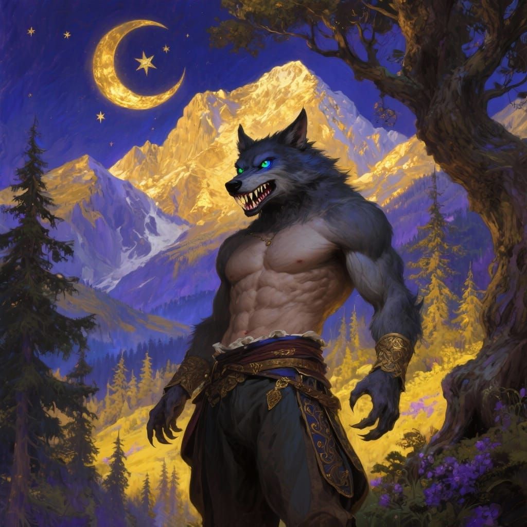 Werewolf Man in Renaissance Pants in Forest