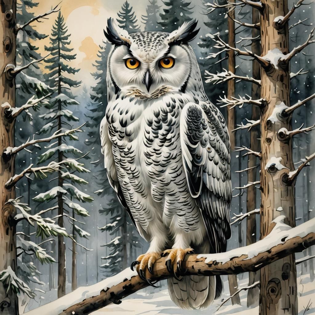 Majestic Owl on Snowy Pine in Painterly Style