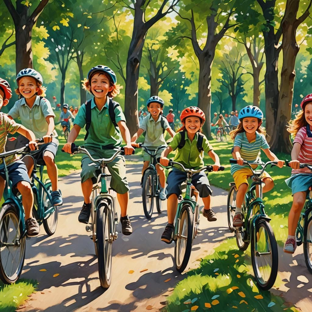 Happy Children Ride Bicycles in a Vibrant Park Landscape