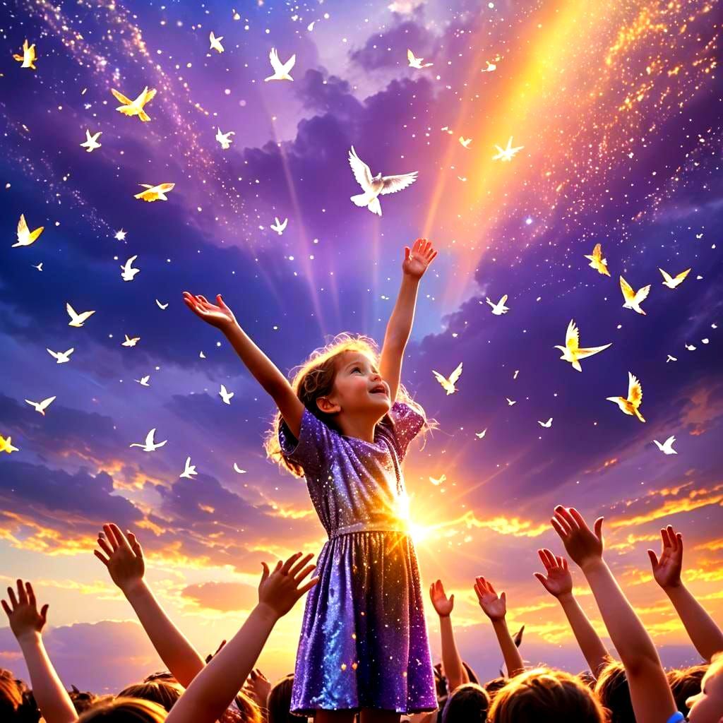 Children Praise Under Heavenly Sparkling Sunset