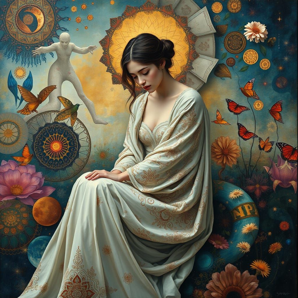 Dreamlike Figure Surrounded by Cosmic Textures and Patterns
