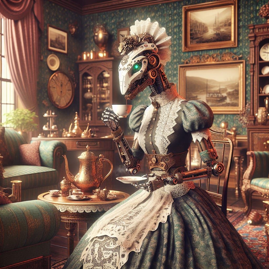 Steampunk Gynoid Savoring Victorian Tea