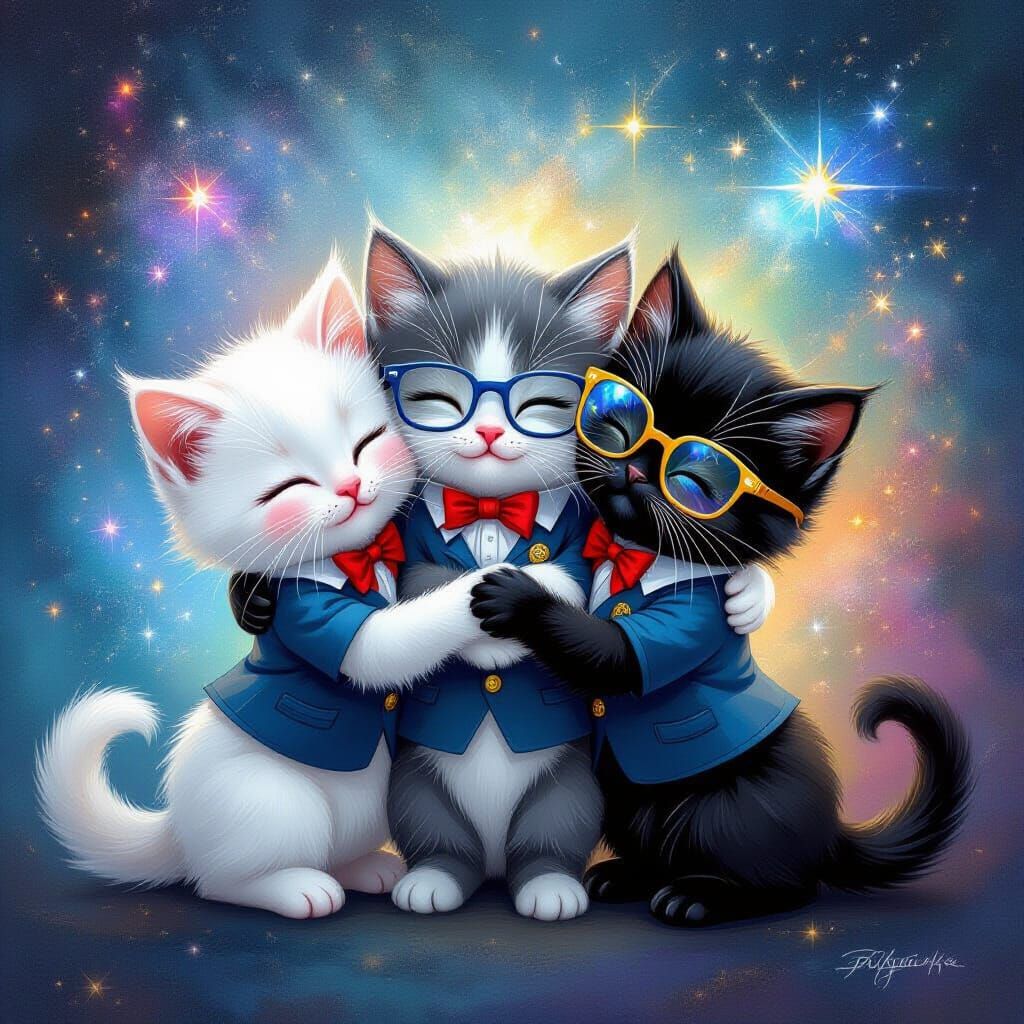 Three Kittens Embrace in School Uniforms