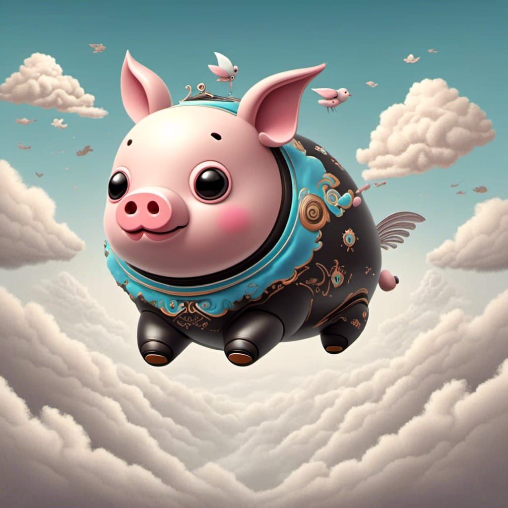 Robot Pig Soars Through Whimsical Cloudscapes in Stylish Sci...