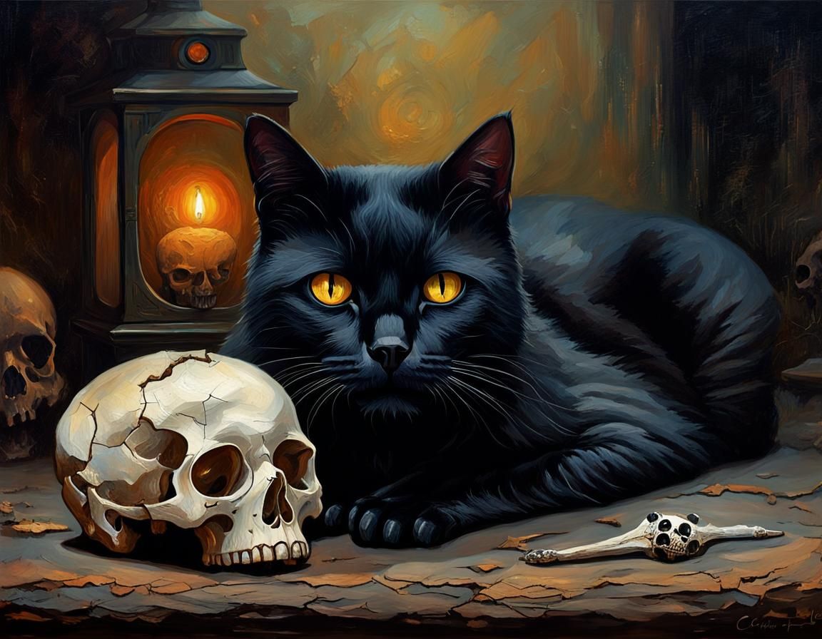 Mysterious Black Cat Beside a Cracked Skull in a Haunting Oi...