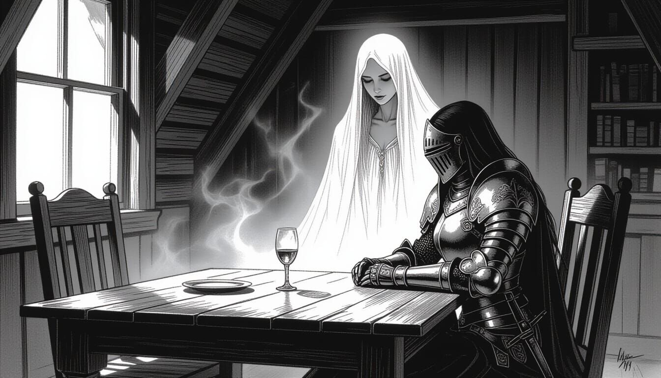 Knight's Solitude: Ethereal Visitor in Charcoal Style