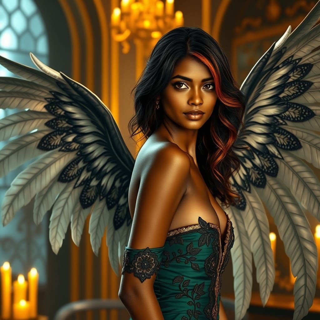 Ethereal Tamil Woman with Wings in Romantic Style