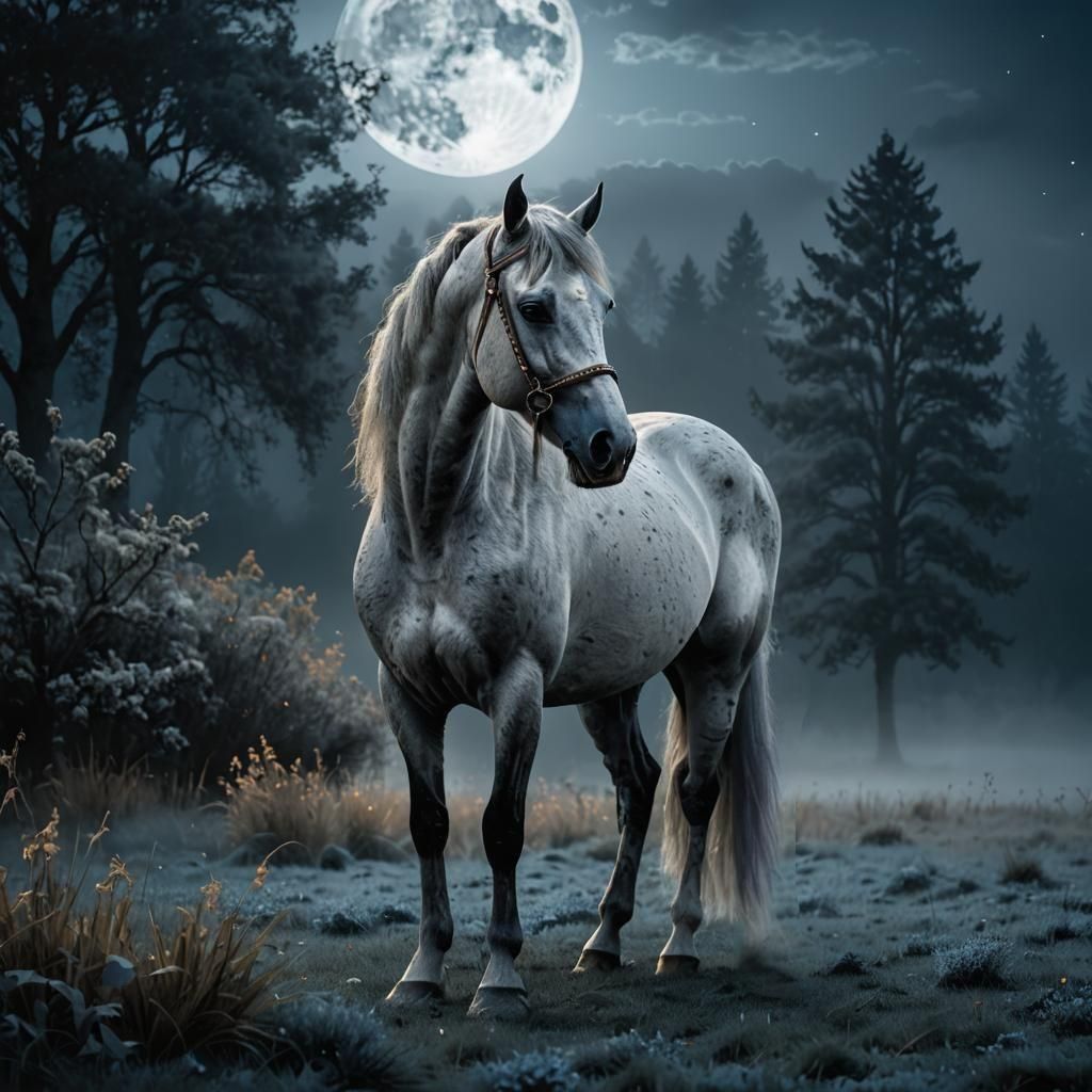 Ethereal Silver Stallion in a Misty Fantasy Realm