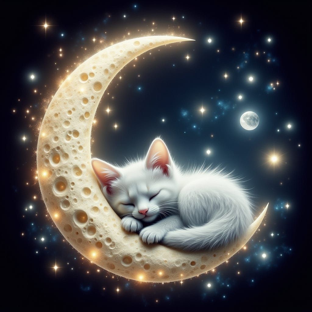 Whimsical Crescent Moon with a Sleeping Kitten in Dreamy Enc...