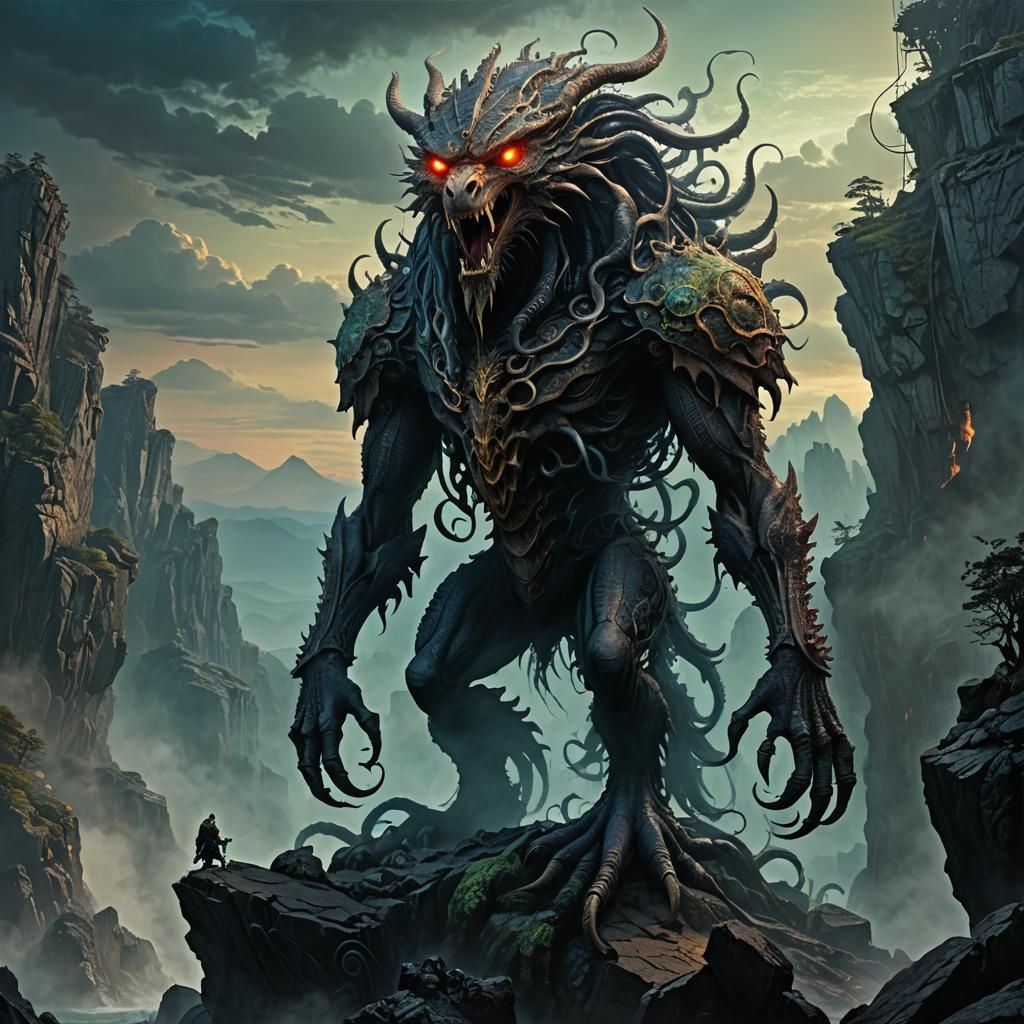 Wolf-Eagle-Octopus Hybrid Perched on Rocky Outcropping in Vi...