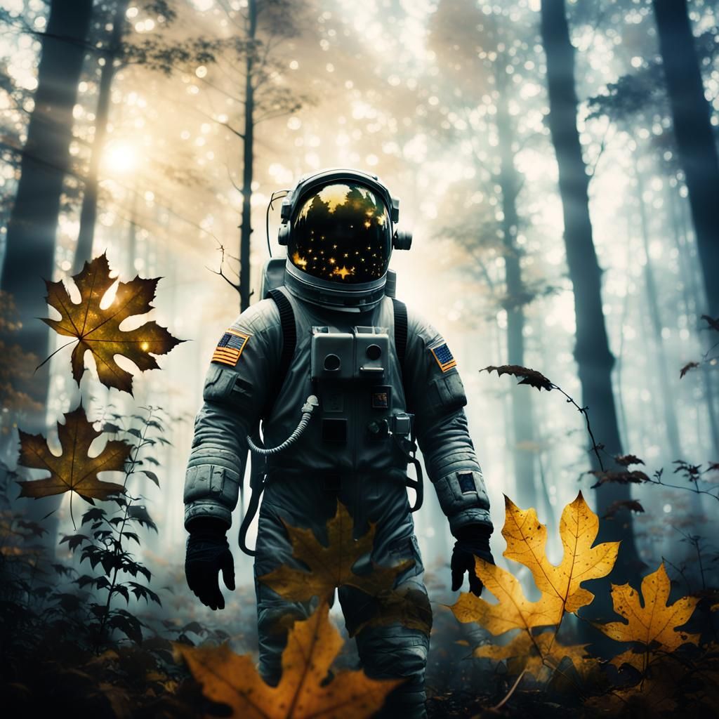 Ethereal Cinematic Masterpiece: Leaves and Astronaut in Myst...