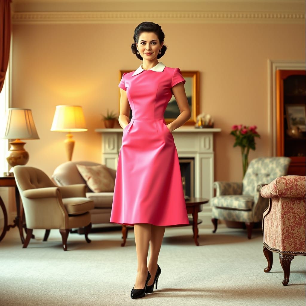 1950s Woman in Pink Dress in Elegant Living Room