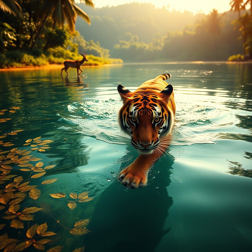 Tiger Swims in Tropical Indian Lake amidst Golden Light
