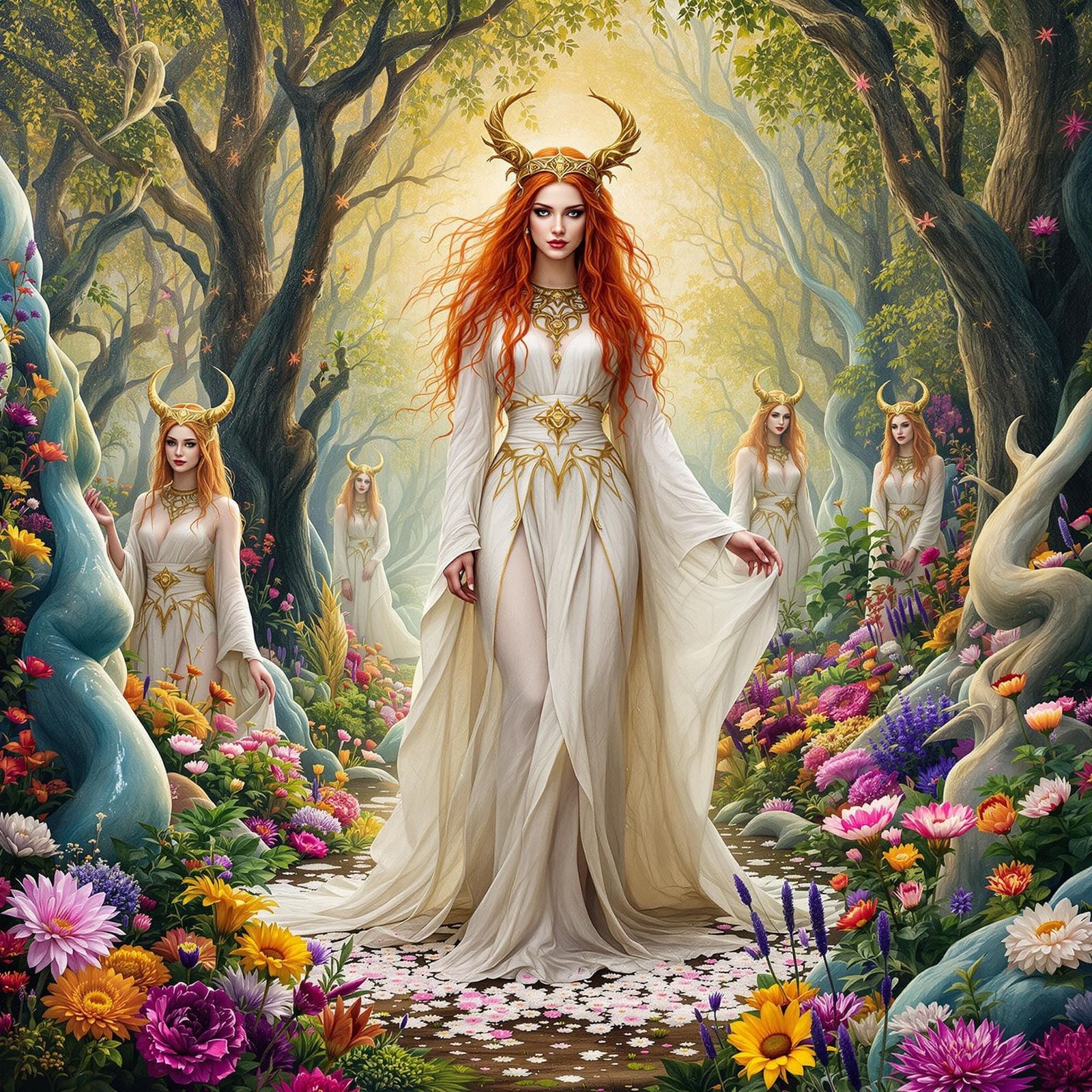 Celtic Goddess in Lush Garden with Magic Runes