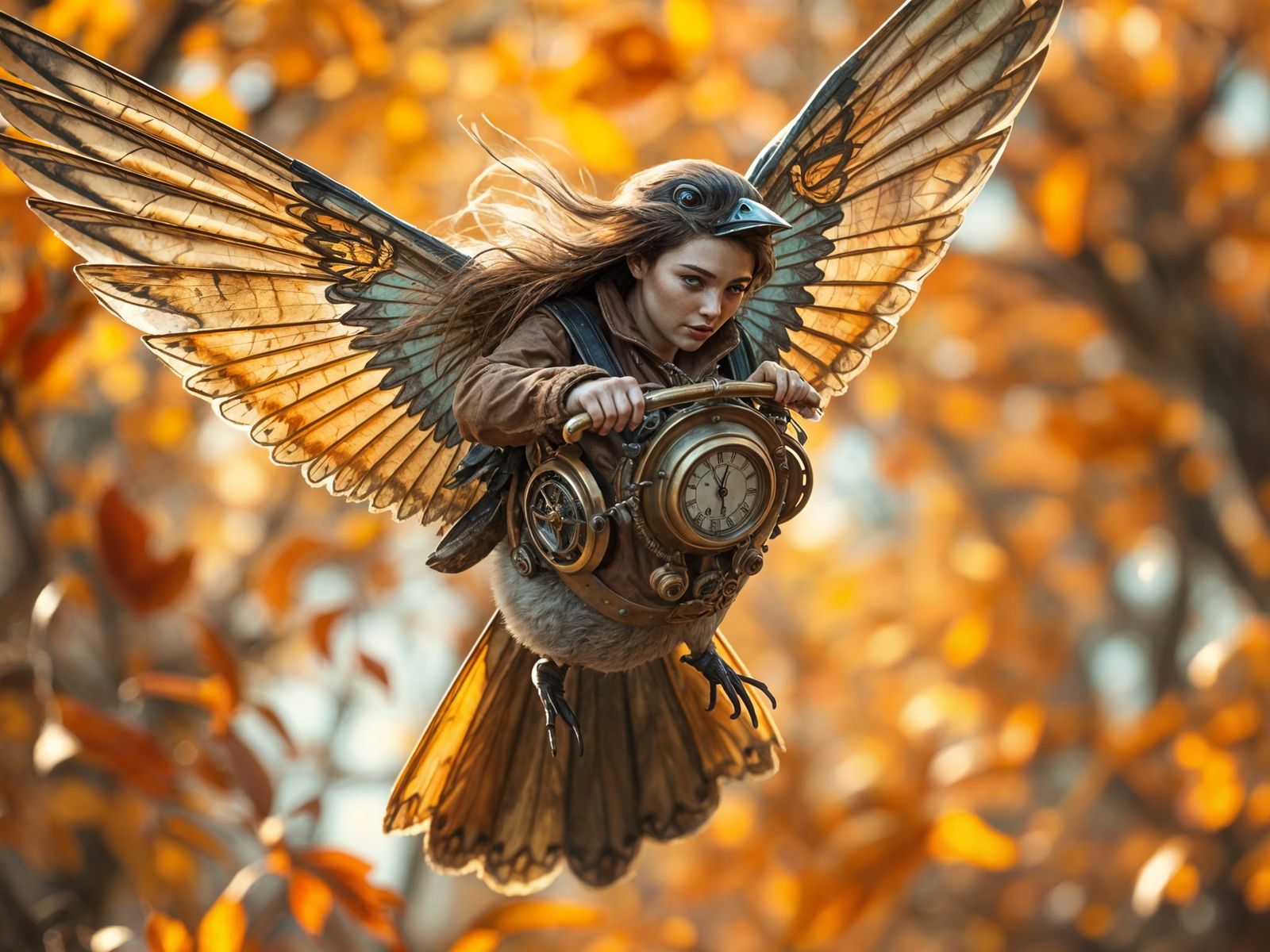 Steampunk Fairy and Brass-Winged Bird in Autumn Flight