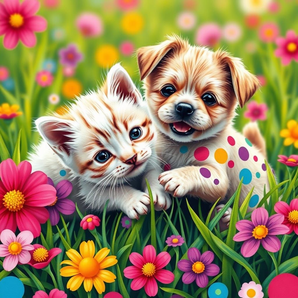 Kitten and Puppy Play in Polka Dot Garden