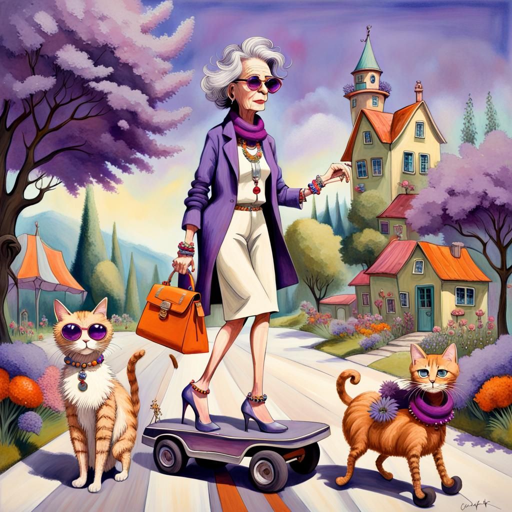 surreal whimsical caricature painting of a older woman with ...