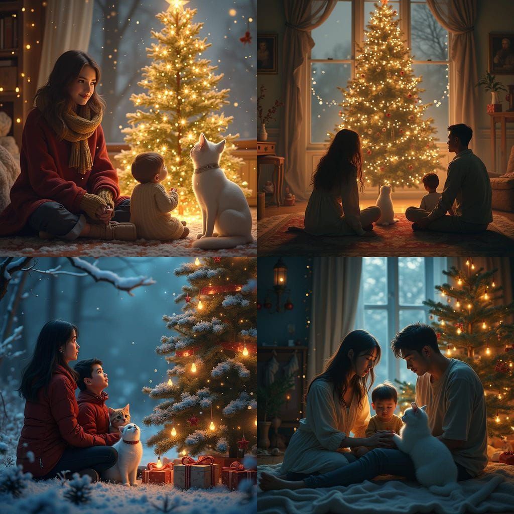 Family Gathering Around a Vibrant Fantasy Christmas Tree in....