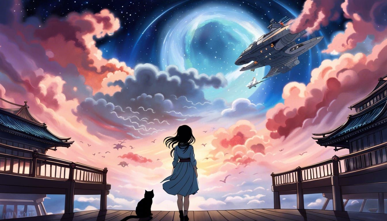 Ethereal Cosmic Cat Girl in Ukiyo-E Style Clouds
