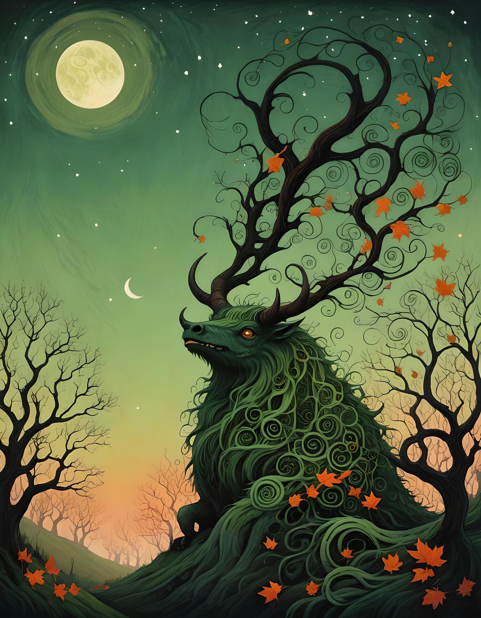 Mystical Green Hill Monster Under Dusk's Soft Light