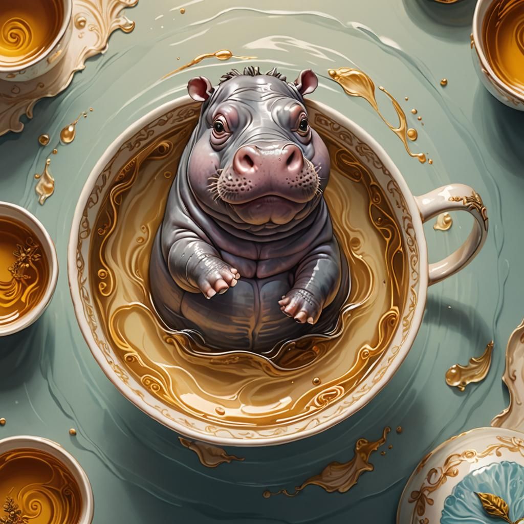 Hippo in a Whimsical Tea Cup