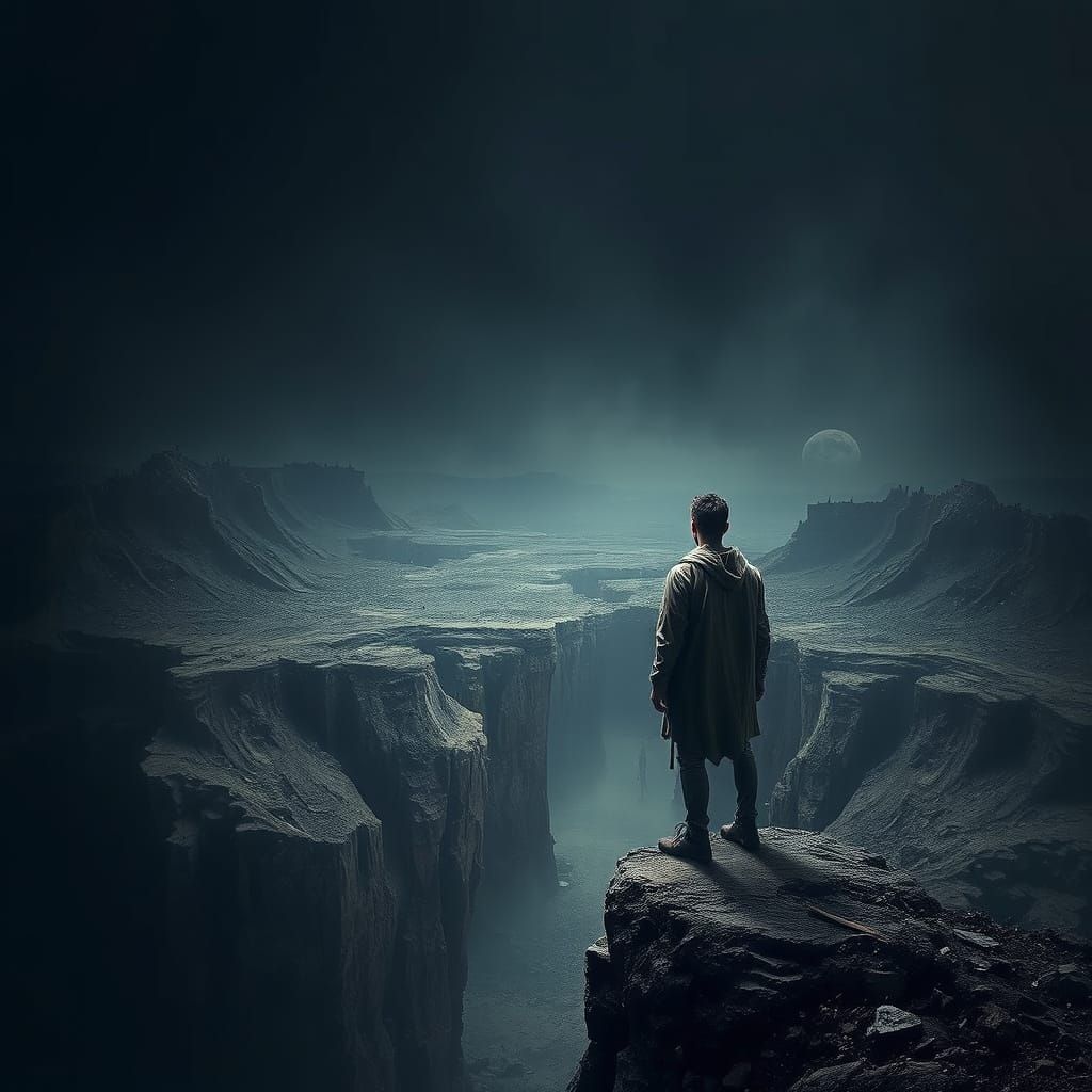 Desolate Figure on Cliff Overlooking Ruined Landscape