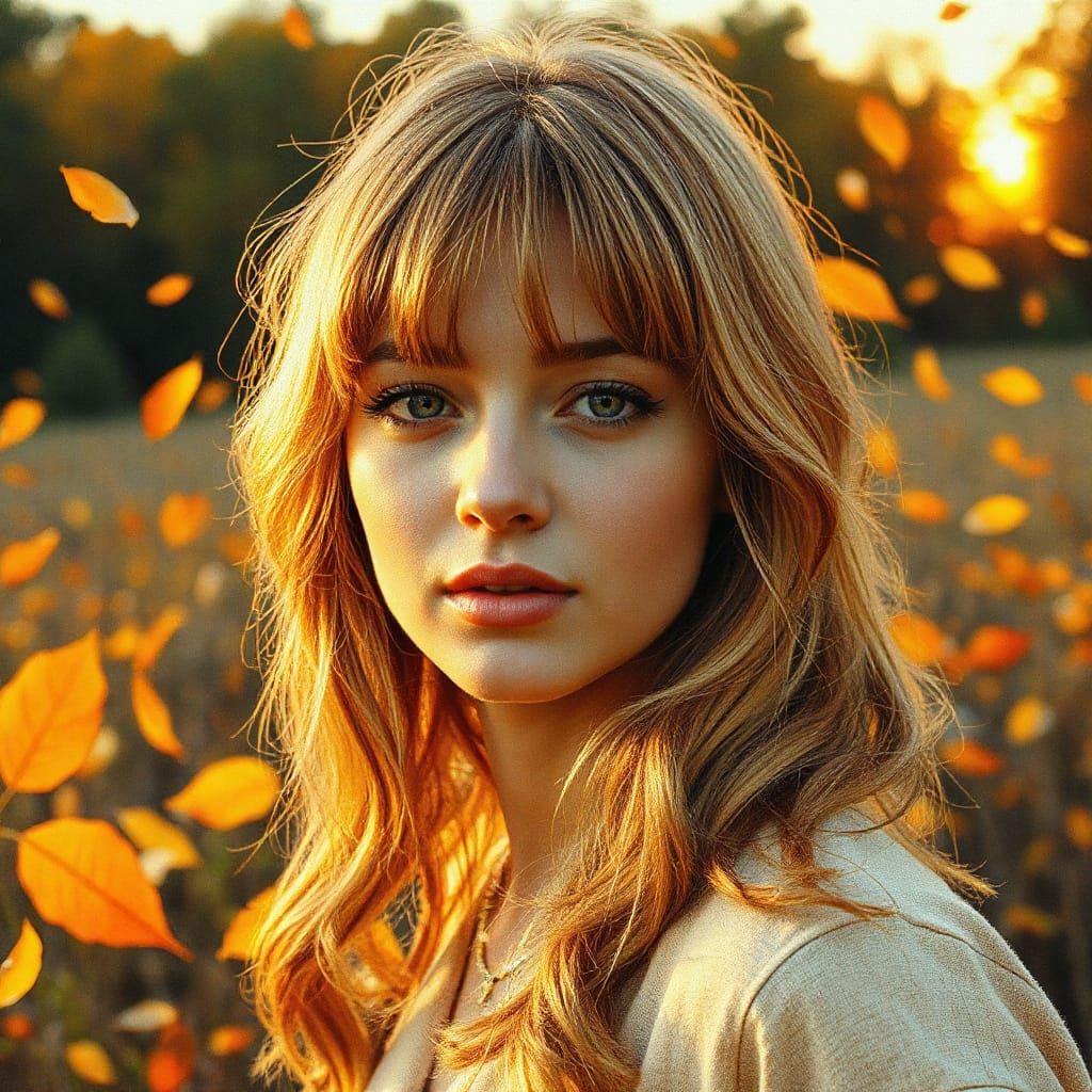 Golden Haired Woman in Autumn Field, Oil and Watercolor