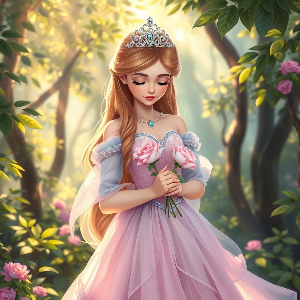 Whimsical Princess Aurora in Enchanted Forest Setting