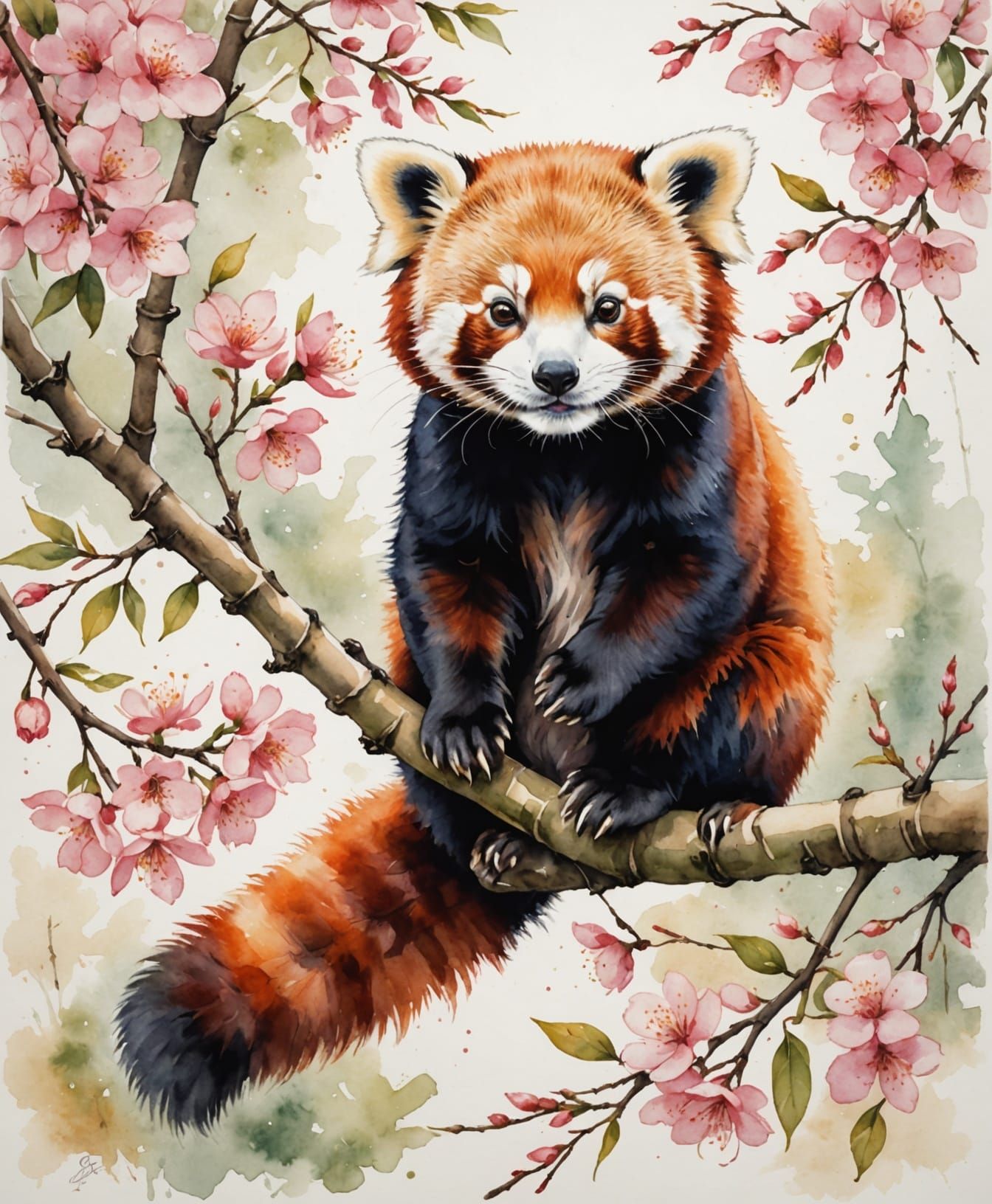 Surreal Watercolor of a Curious Red Panda Amidst Cherry Blos...