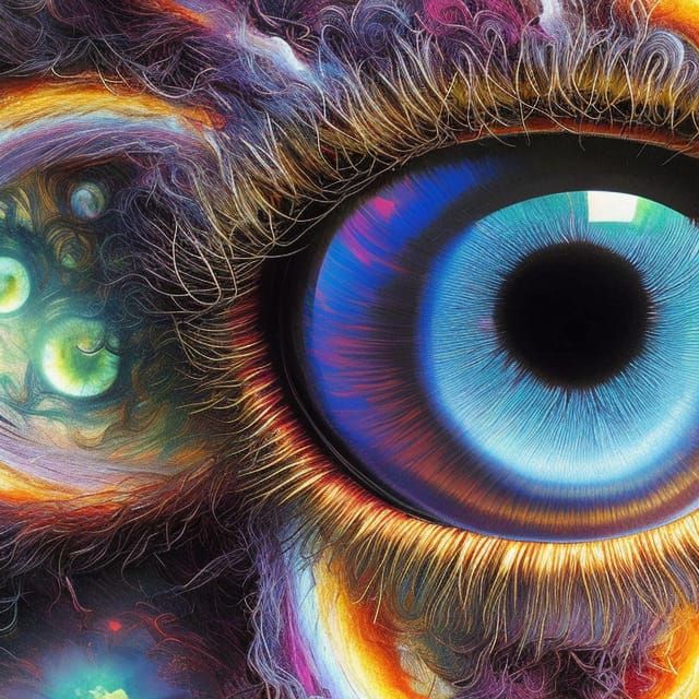 Vibrant Eyeballs Amidst Iridescent Yarns