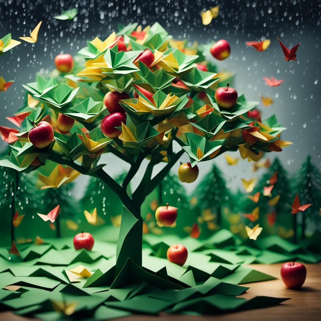 Surreal Blossoming Apple Tree in Whimsical Watercolor Style