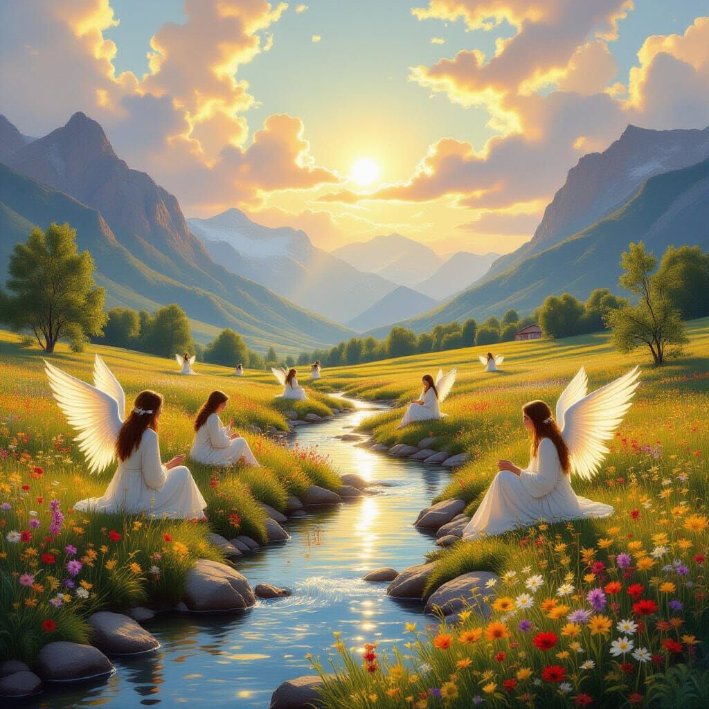 Heavenly Garden with Angels in Ethereal Style