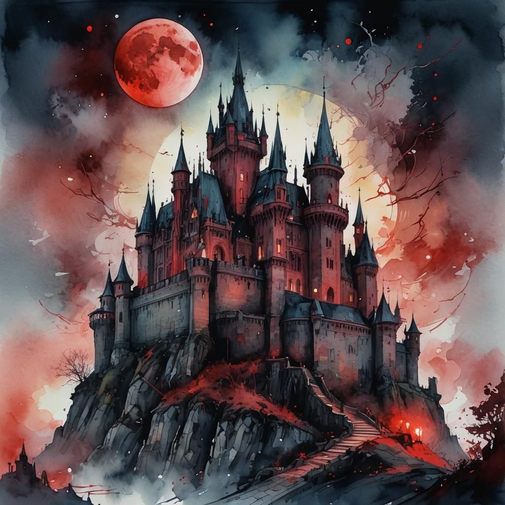 Gothic Castle Under Bloodmoon in Digital Watercolor