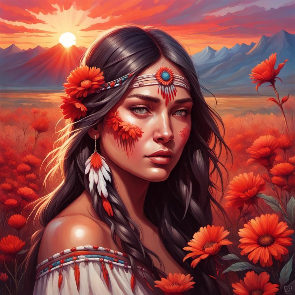 Surreal Portrait of a Native American Woman with Red Handpri...