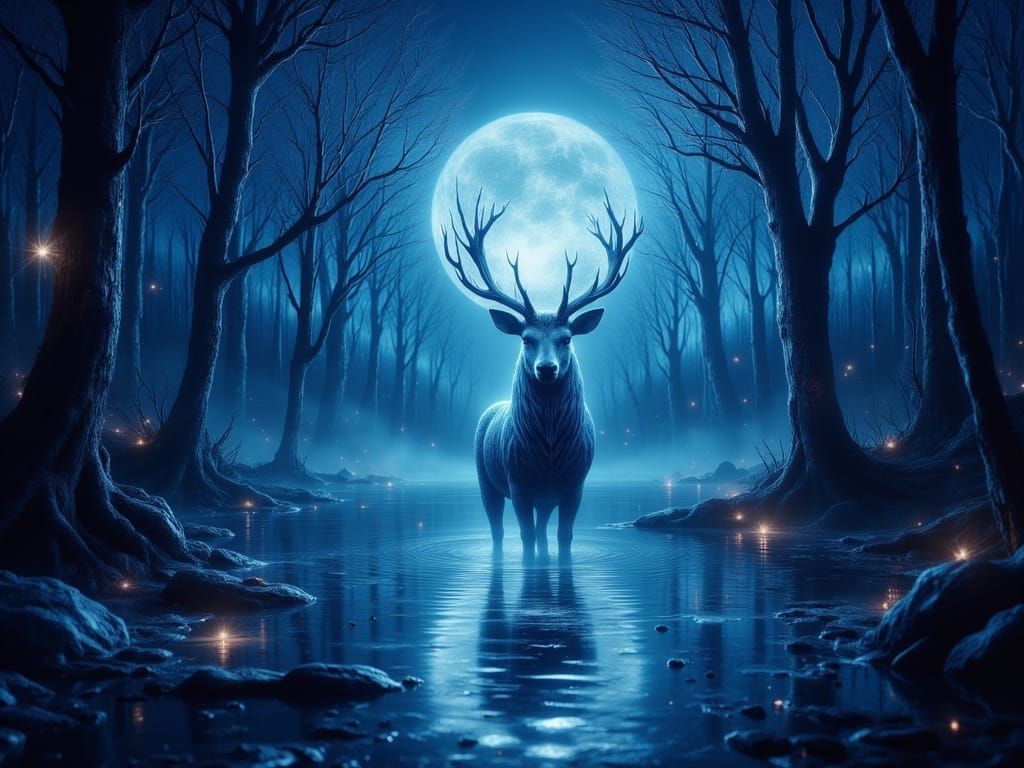 Luminous Stag in Moonlit Lake, Ethereal Fantasy Art