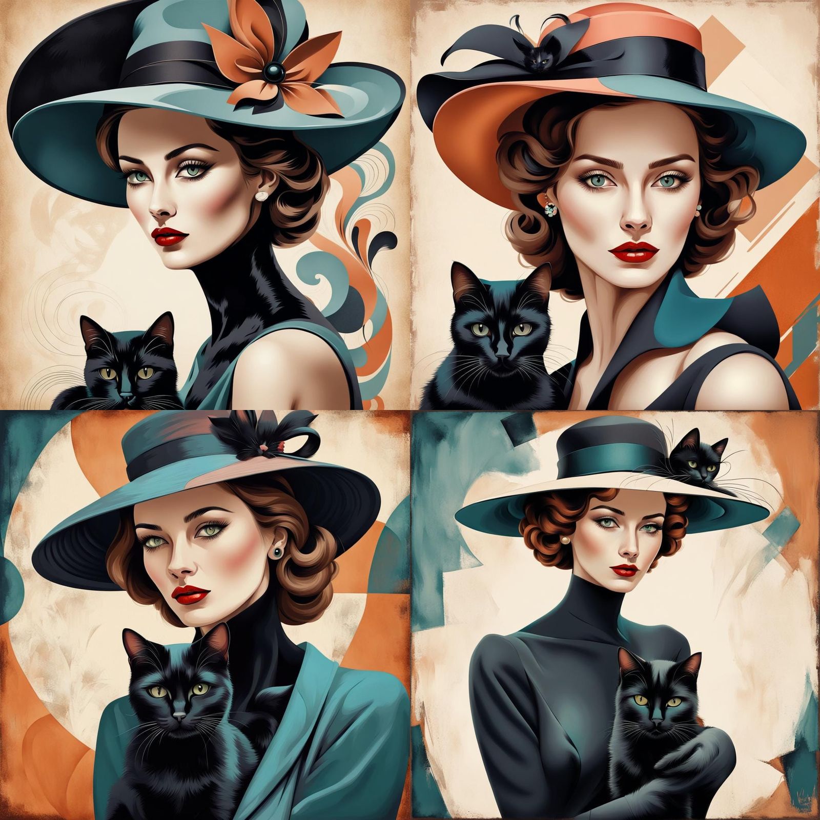 Retro Woman with Elegant Black Cat in Vibrant Harmony